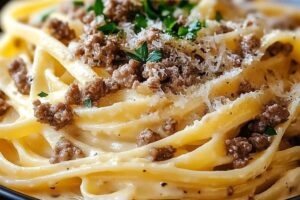 Cheesy Garlic Butter Linguine Pasta With Savory Ground Beef Recipe