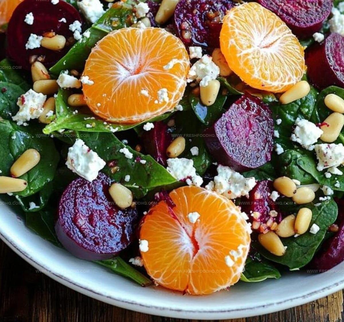 Beet Salad with Spinach, Mandarin Oranges, Red Onion, Pine Nuts, and Feta Cheese Recipe