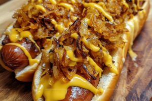 Cheesy Hot Dogs with Pickle Mustard Sauce & Crispy Onions Recipe