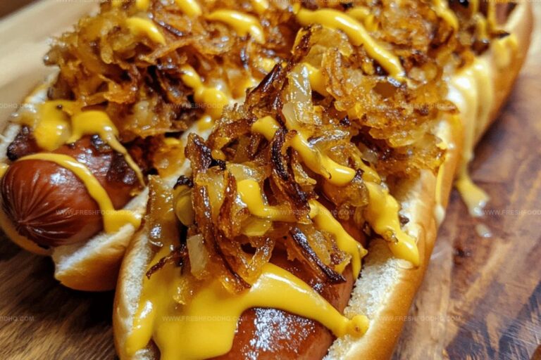 Cheesy Hot Dogs with Pickle Mustard Sauce & Crispy Onions Recipe