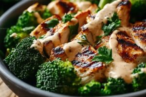 Grilled Chicken & Broccoli Bowls With Creamy Garlic Sauce Recipe