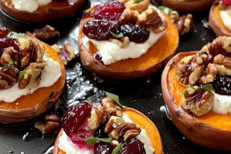 Roasted Sweet Potato Rounds with Goat Cheese, Cranberries, and Candied Walnuts Recipe