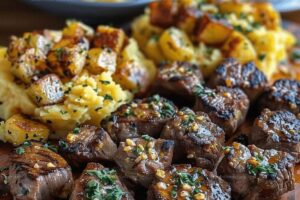 British Bangers and Steak Bites with Cheesy Mashed Potatoes Recipe