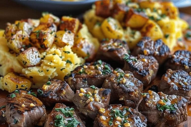 British Bangers and Steak Bites with Cheesy Mashed Potatoes Recipe