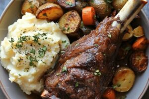 Succulent Braised Lamb Shank with Mashed Potatoes & Roasted Vegetables Recipe