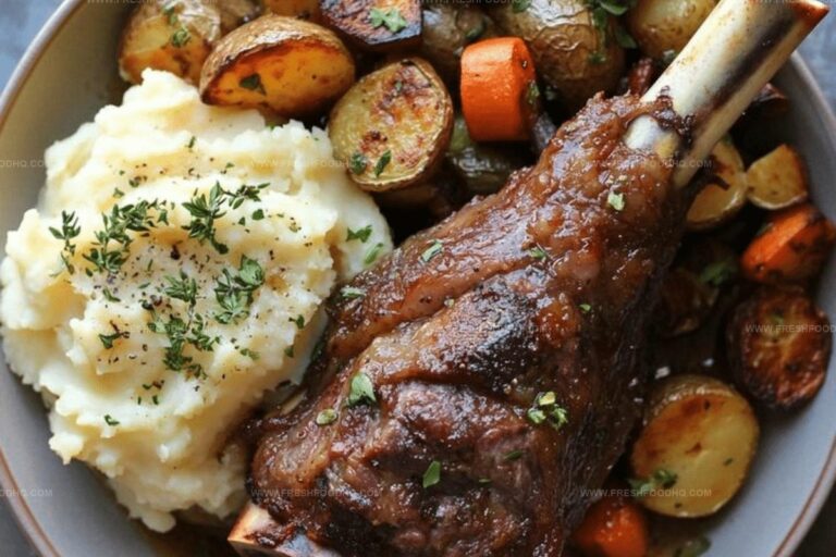 Succulent Braised Lamb Shank with Mashed Potatoes & Roasted Vegetables Recipe