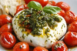 Pesto Burrata Appetizer Topped with Juicy Roasted Tomatoes Recipe