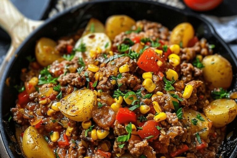 Hamburger Meat, Corn, Potatoes, and Tomatoes Skillet Recipe
