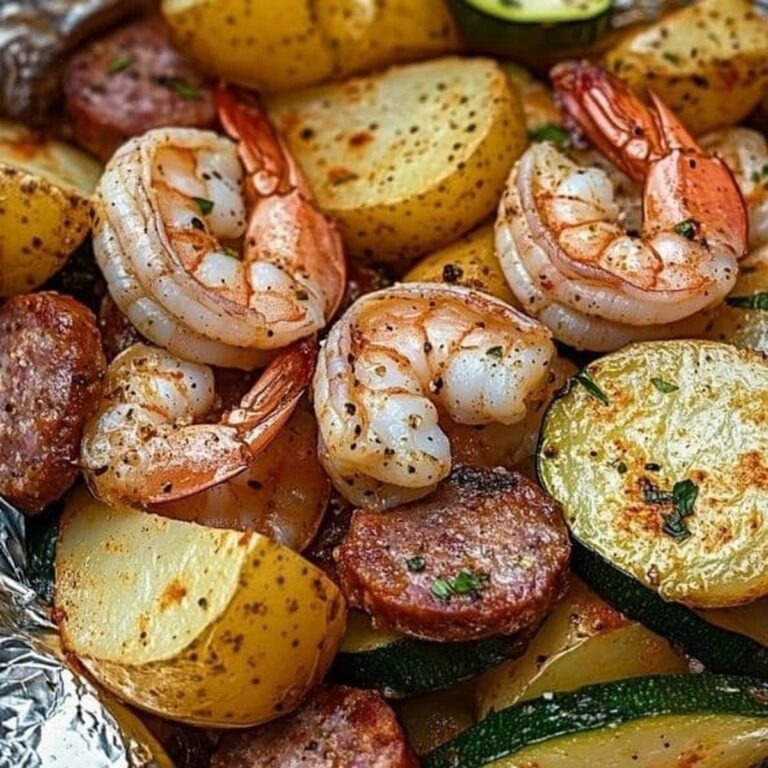 Shrimp, Zucchini, Potatoes, and Spicy Italian Sausage Foil Pack Recipe
