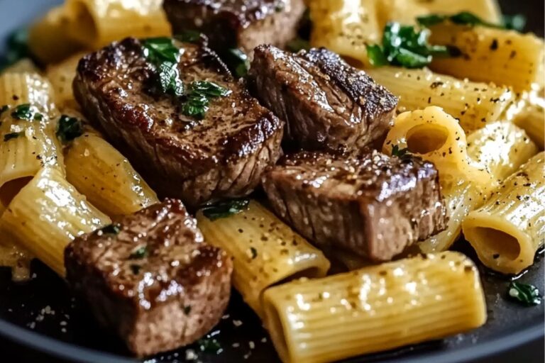 Easy Garlic Butter Steak Tips With Cheesy Rigatoni Recipe
