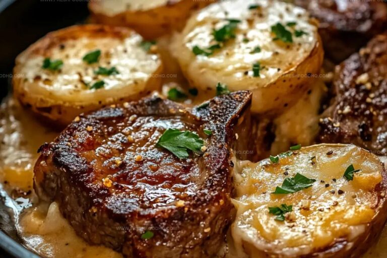 Garlic Parmesan Beef Chops With Cheesy Scalloped Potatoes Recipe