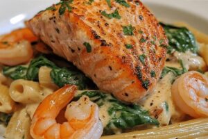 Salmon & Shrimp Penne in Garlic Spinach Sauce Recipe
