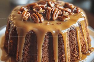 Cinnamon Pumpkin Cake with Praline Pecan Glaze and Caramel Drizzle Recipe