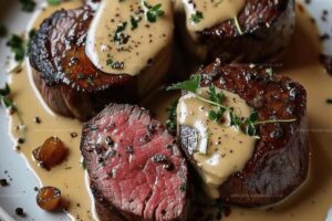 Seared Filet Mignon with Shallot Peppercorn Cream Sauce Recipe