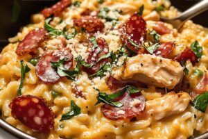 One Pot Chicken Risoni with Crispy Salami Recipe