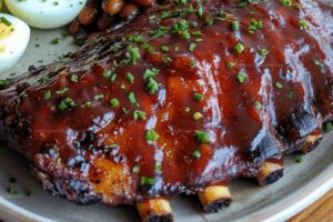 Rib Plate with Mac, Smoked Cowboy Beans, and Deviled Eggs Recipe